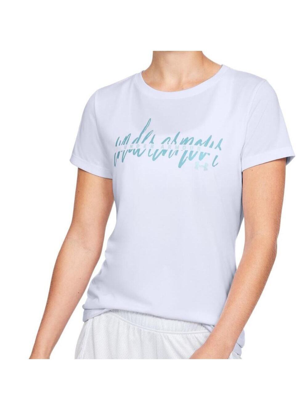 Under Armour Tech Script Women's White Blue Crew Short Sleeve Tee Size L